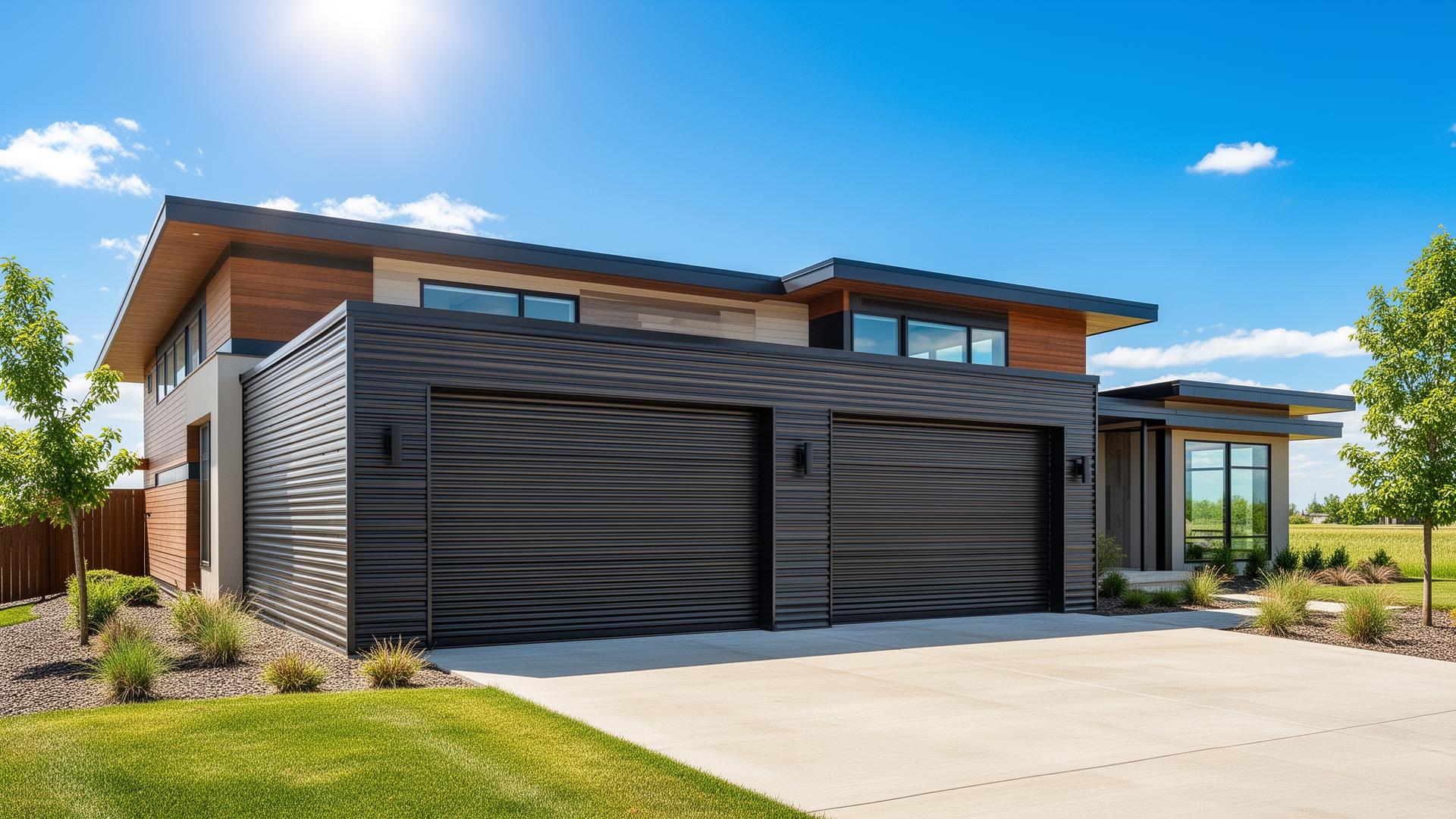 Modern home with premium industrial ribbed steel garage doors - Glide Garage Doors installation